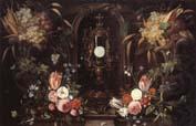 Still life of various flowers and grapes encircling a reliqu ary containing the host,set within a stone niche, Jan Van Kessel